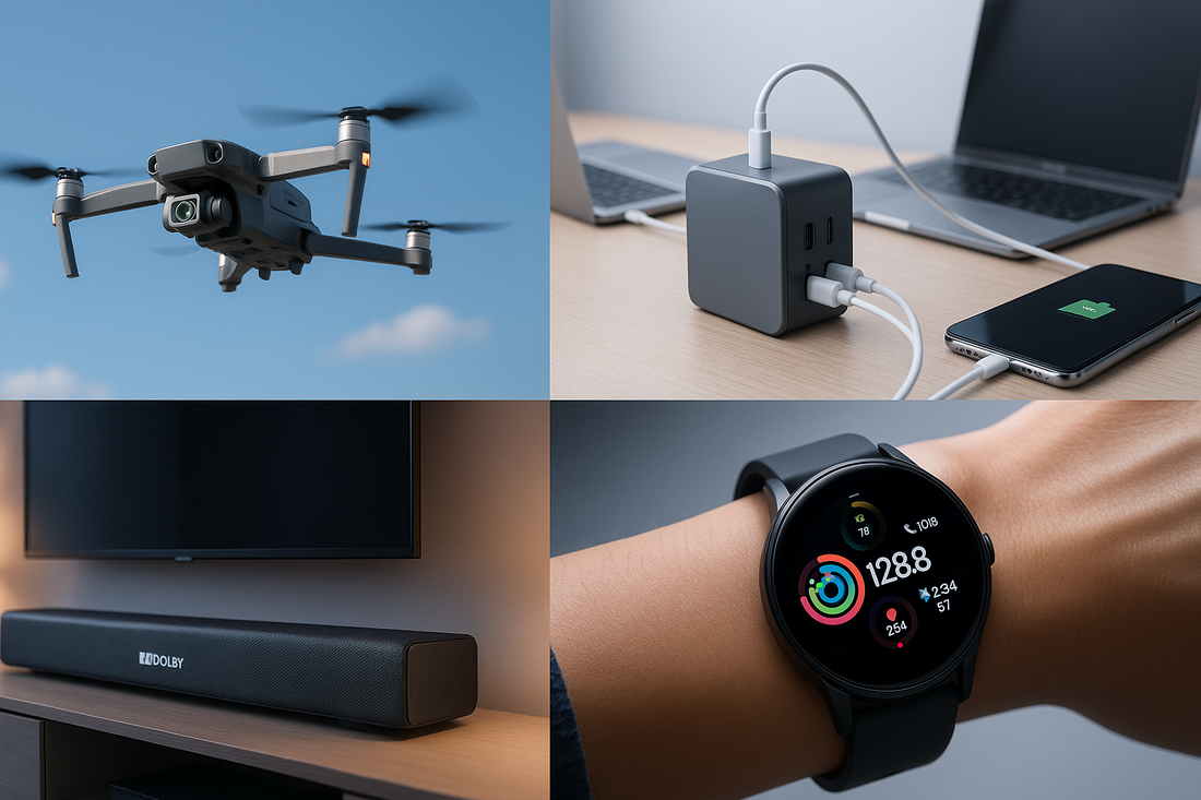 TechWise Guides Hub 2025 – collage showing drone, USB charging station, Dolby Atmos sound bar, and smartwatch