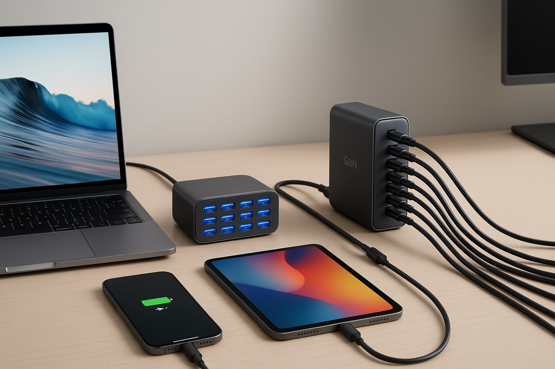 TechWise charging stations 2025 buyers guide – 150W 16-port USB hub and 500W GaN charger powering laptop, tablet, and phone