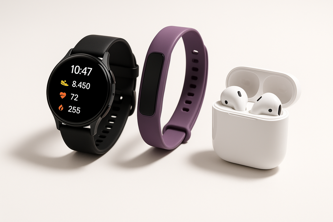 TechWise wearables buyers’ guide 2025 – GPS outdoor smartwatch, M5 Smart Watch, and Bluetooth Smart Sports Bracelet side by side