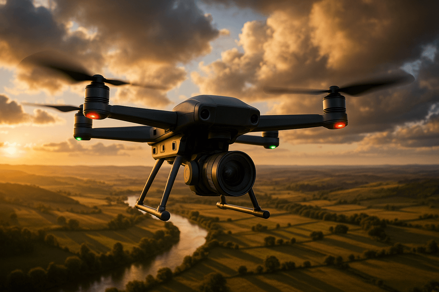 A camera drone flying over a scenic landscape at sunset, showcasing aerial photography capabilities.