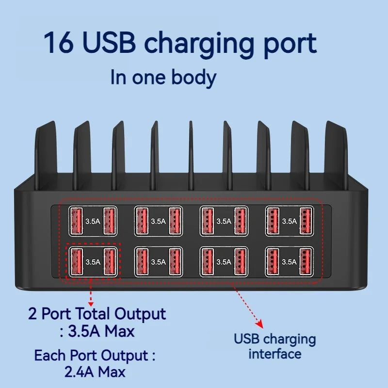 150W Universal 16-Port USB Charging Station – Multi-Device Charger with Tablet Stand