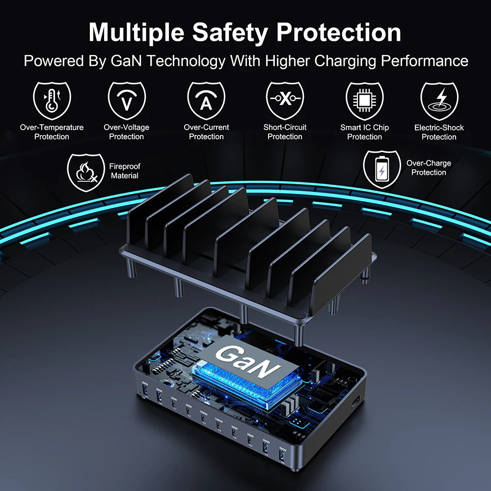 500W USB-C GaN Charging Station – 10-Port Fast Charger with PD 100W Output