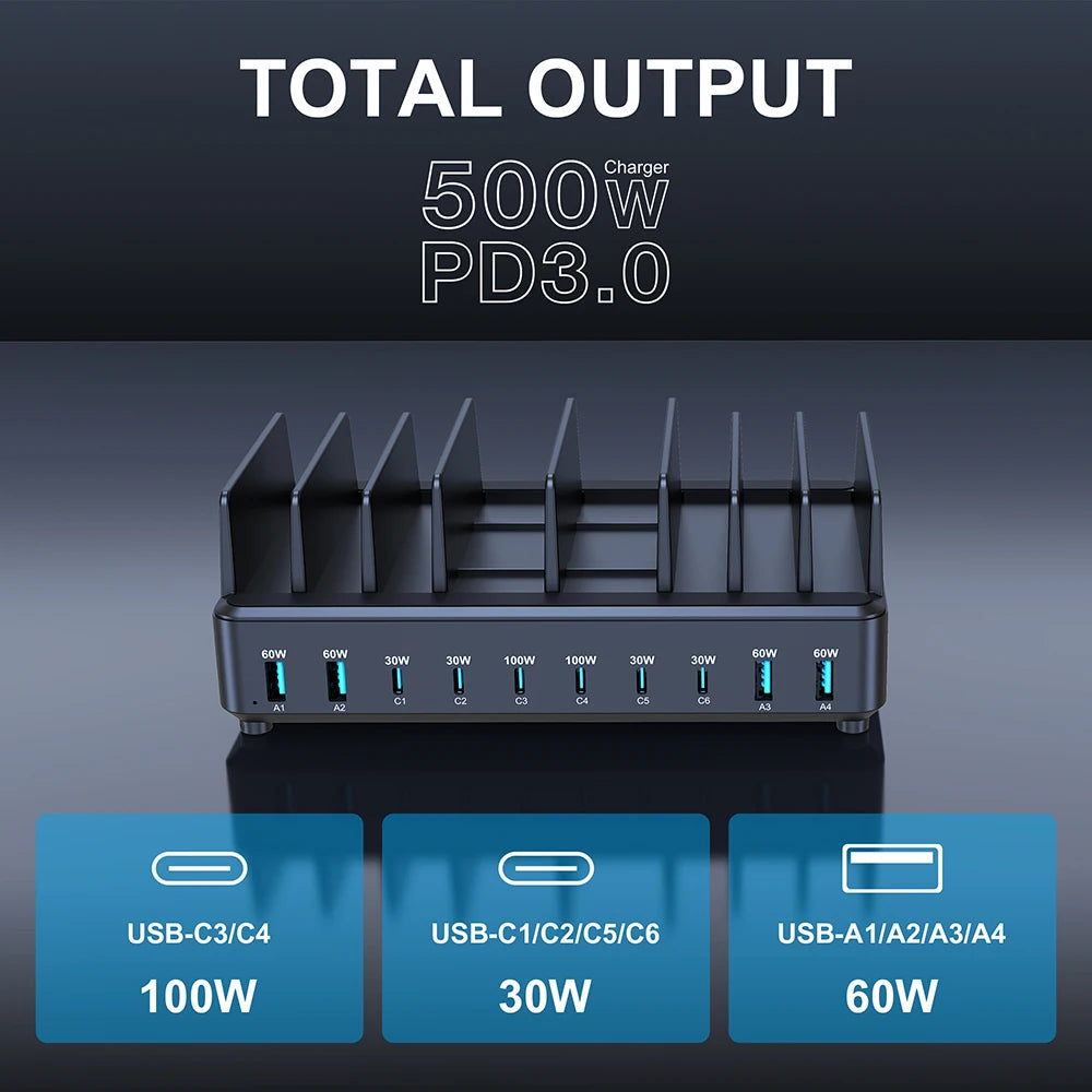 500W USB-C GaN Charging Station – 10-Port Fast Charger with PD 100W Output