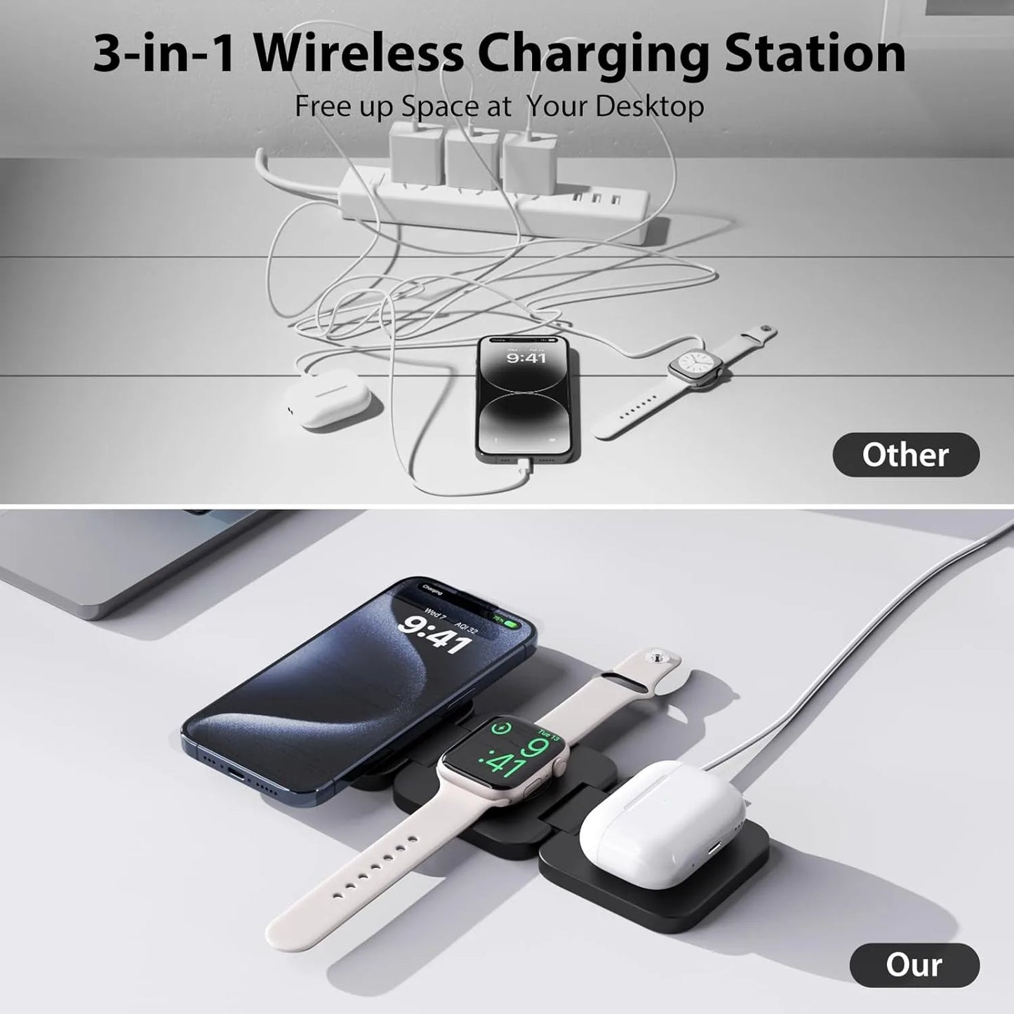 Fast Wireless Charger Magnetic Foldable 3-in-1 Charging Station