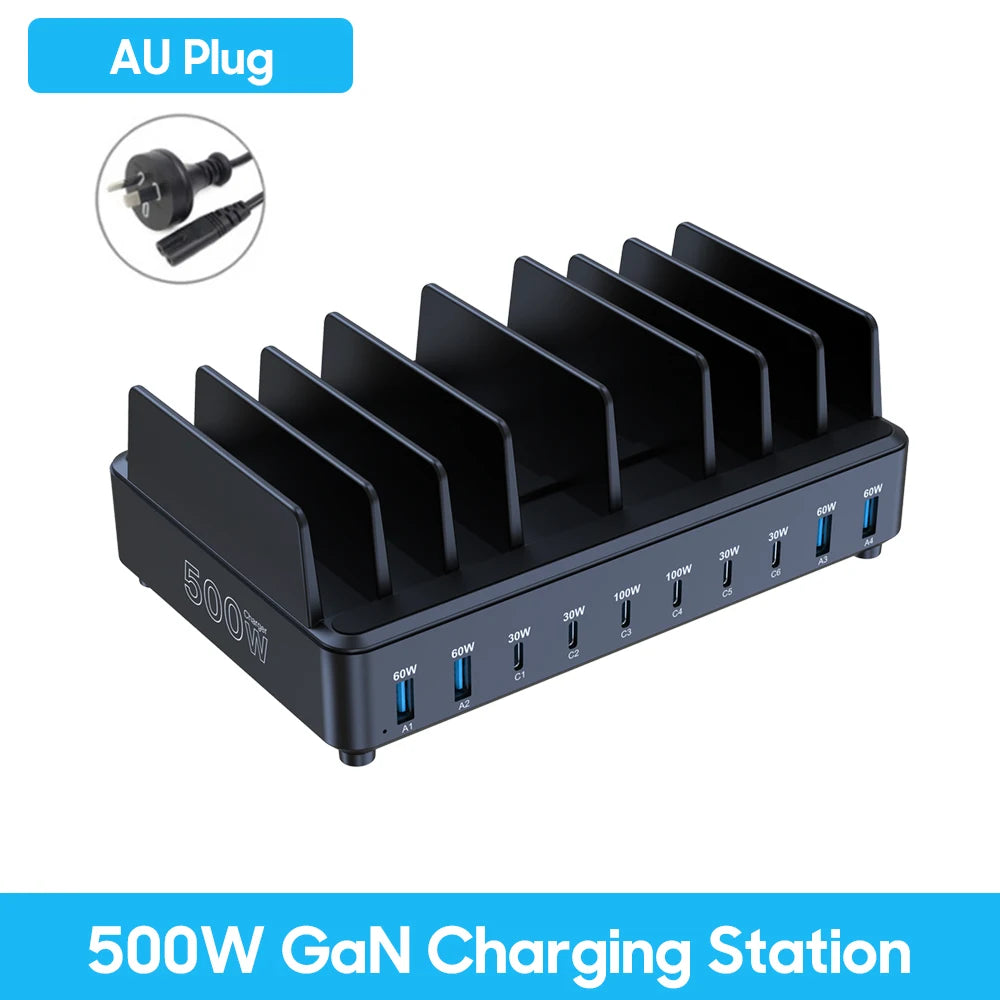 500W USB-C GaN Charging Station – 10-Port Fast Charger with PD 100W Output