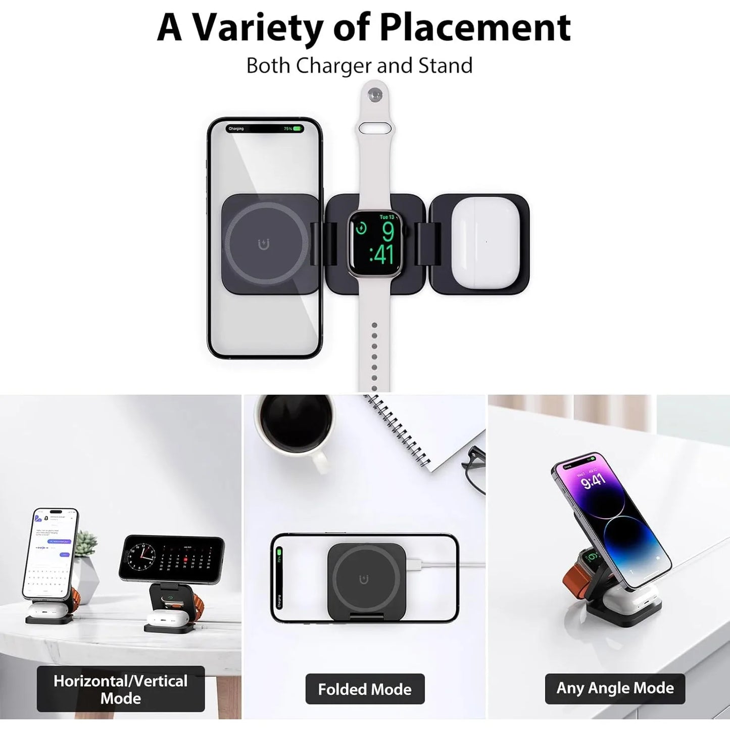 Fast Wireless Charger Magnetic Foldable 3-in-1 Charging Station