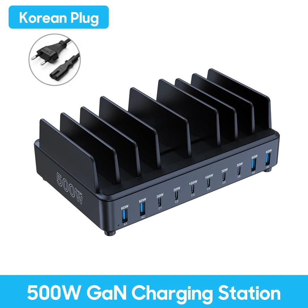 500W USB-C GaN Charging Station – 10-Port Fast Charger with PD 100W Output