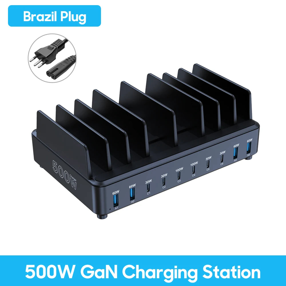 500W USB-C GaN Charging Station – 10-Port Fast Charger with PD 100W Output