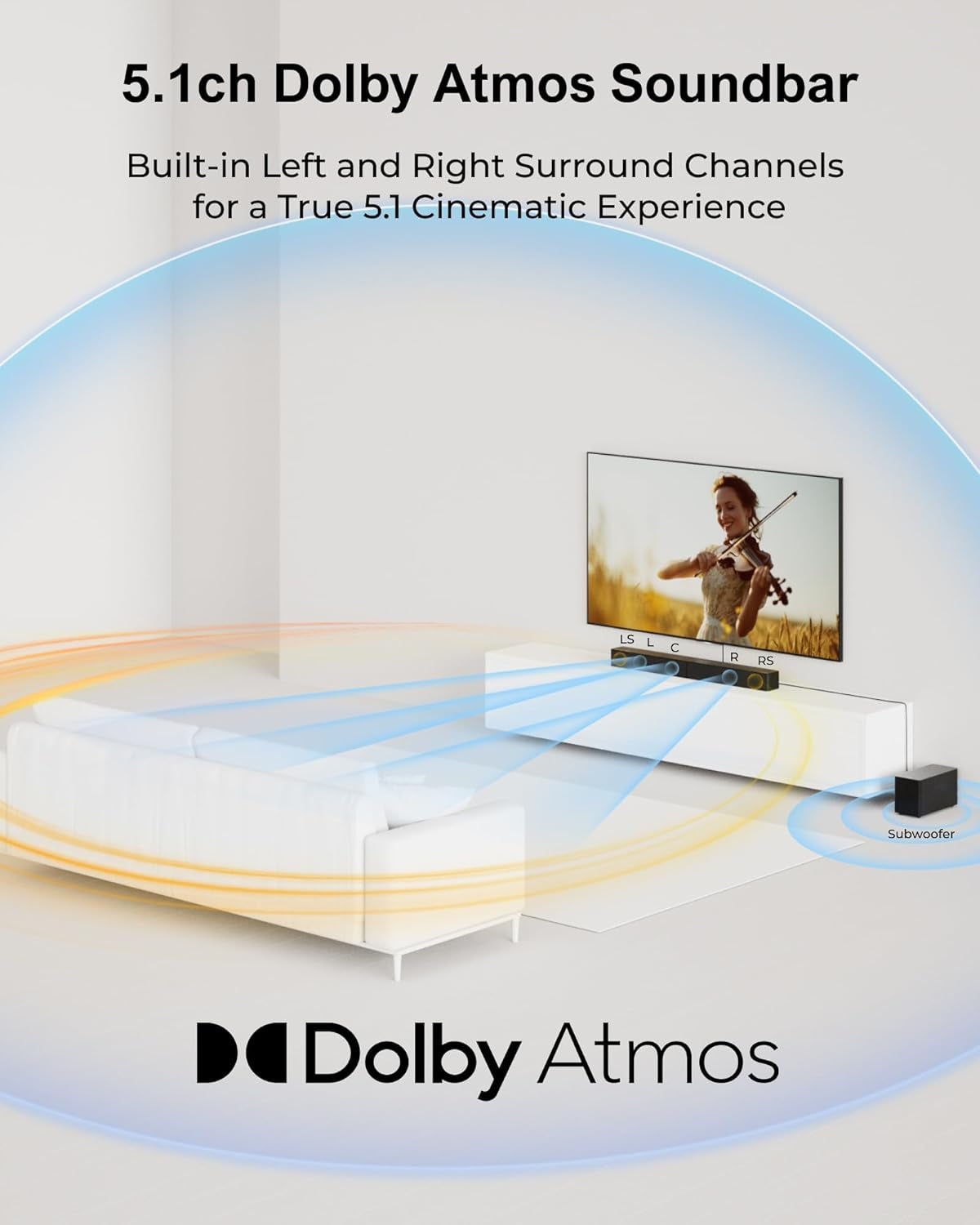 5.1CH Surround Sound Bar with Subwoofer – Dolby Atmos, 300W Home Theater System