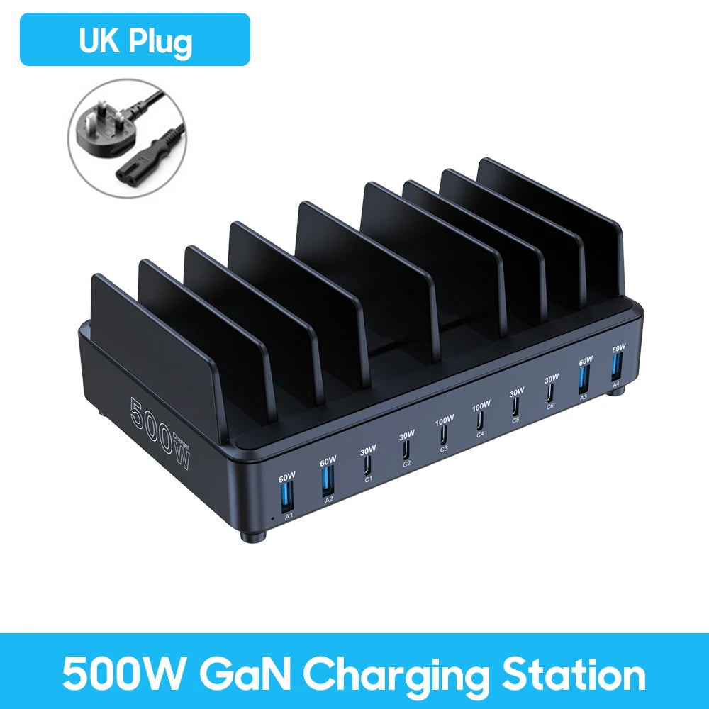 500W USB-C GaN Charging Station – 10-Port Fast Charger with PD 100W Output
