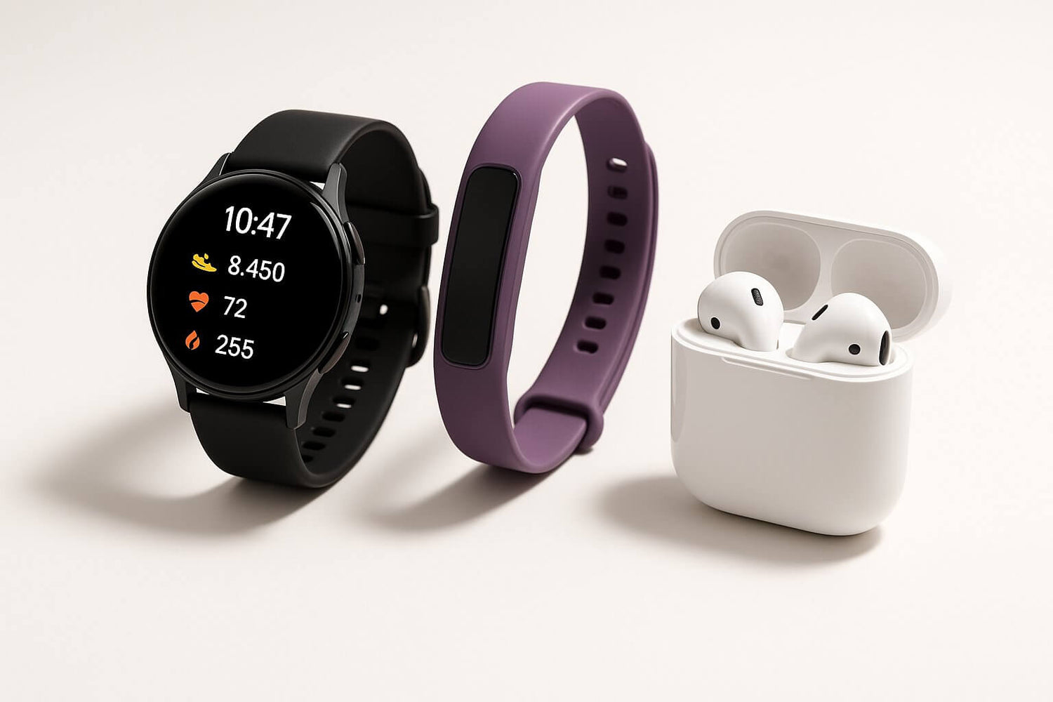 Smart wearable accessories including a smartwatch, fitness tracker, and wireless earbuds on a neutral background.