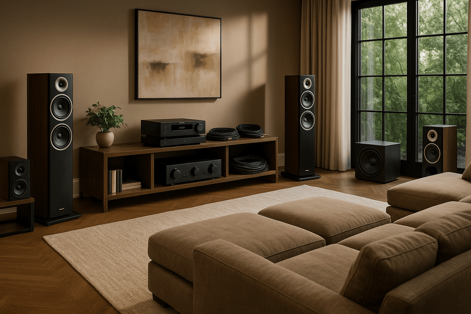 Stylish living room featuring premium home audio systems, including speakers, a receiver, and a modern couch.