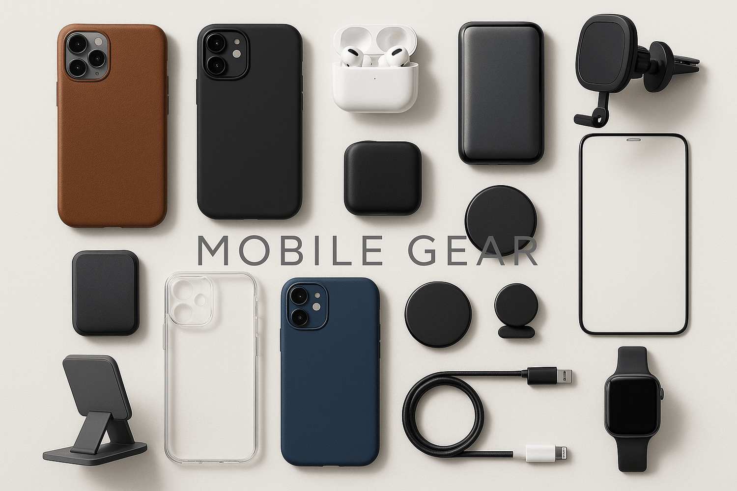 Flat lay of mobile accessories including phone cases, AirPods, chargers, and a smartwatch titled 'Mobile Gear'.