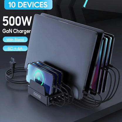 500W USB-C GaN Charging Station – 10-Port Fast Charger with PD 100W Output