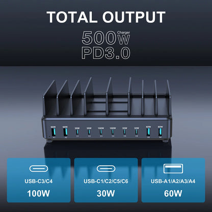 500W USB-C GaN Charging Station – 10-Port Fast Charger with PD 100W Output