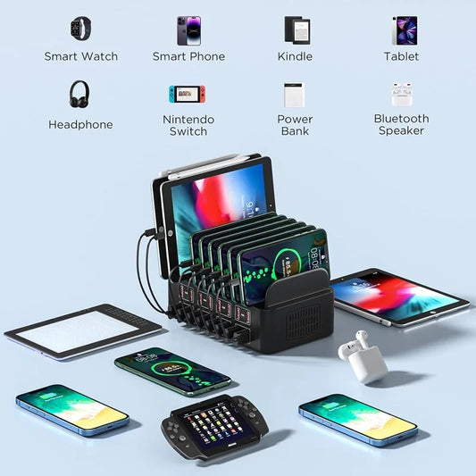 150W Universal 16-Port USB Charging Station – Multi-Device Charger with Tablet Stand