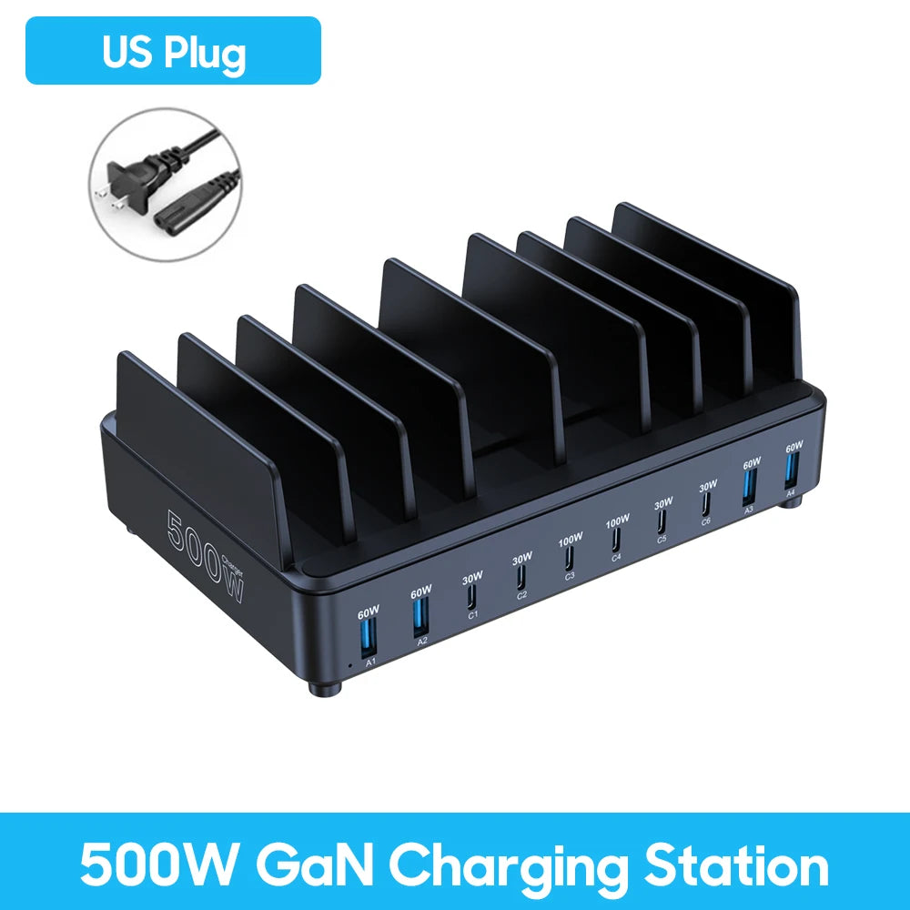500W USB-C GaN Charging Station – 10-Port Fast Charger with PD 100W Output